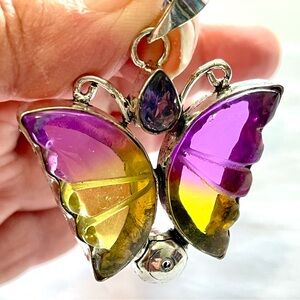 Ametrine Gemstone Butterfly Pendant Necklace Purple and Yellow